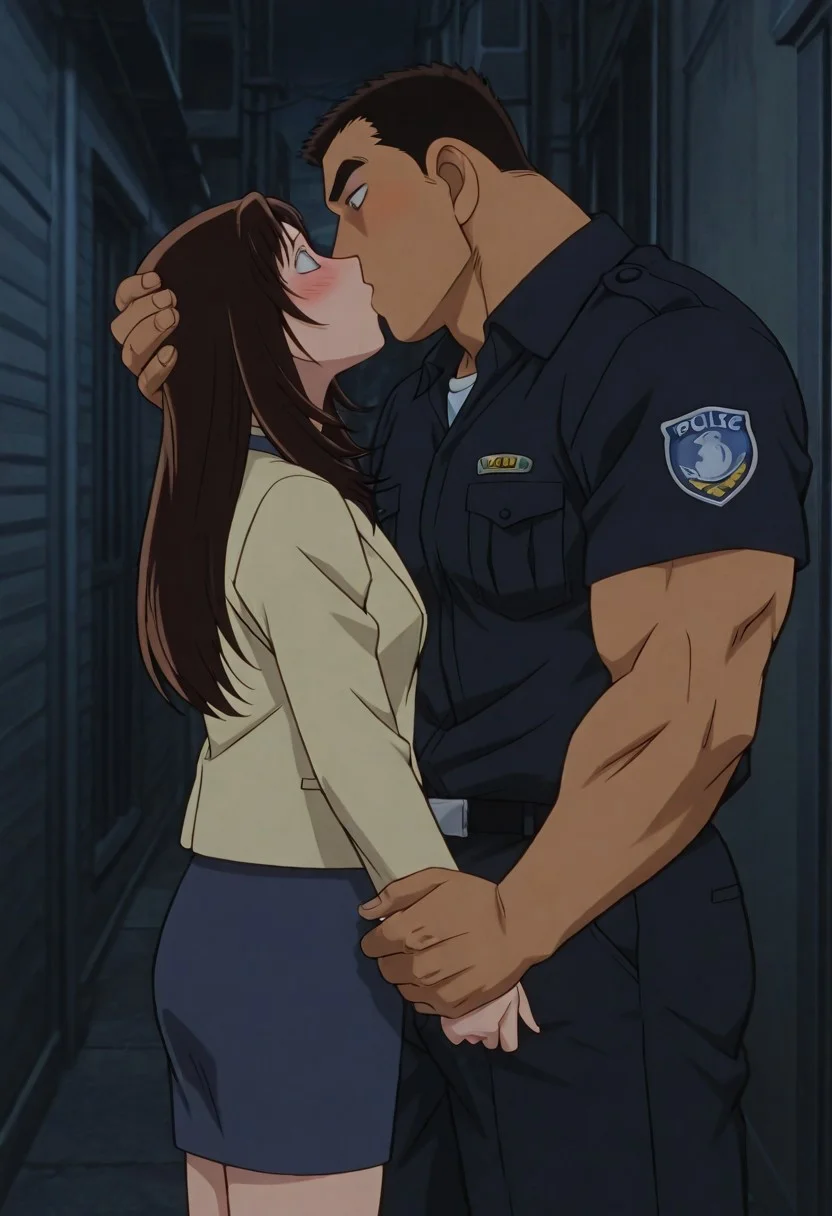 Anime, quality,high quality,masterpiece,extremely detailed,correct anatomy,best aesthetic, detailed face, (EyesHD), (duo), outdoor, narrow city alley, dark, at night, (1man, man taller male, man large pectorals, man muscular body, man crew cut, solid pupils:1.5, man black short hair, Date Wataru, man dark navy police uniform, man dark navy police shirt, dark navy pants, man blush, man kissing, man tanned skin, man hand on girl head), BREAK, (1girl, nastumi01, girl long hair, girl brown hair, girl light yellow jacket, girl blue pencil skirt, girl blue dress, girl blush, girl shy face, girl pretty face, girl slender body)