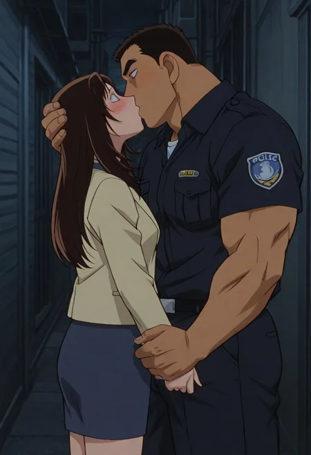 Anime, quality,high quality,masterpiece,extremely detailed,correct anatomy,best aesthetic, detailed face, (EyesHD), (duo), outdoor, narrow city alley, dark, at night, (1man, man taller male, man large pectorals, man muscular body, man crew cut, solid pupils:1.5, man black short hair, Date Wataru, man dark navy police uniform, man dark navy police shirt, dark navy pants, man blush, man kissing, man tanned skin, man hand on girl head), BREAK, (1girl, nastumi01, girl long hair, girl brown hair, girl light yellow jacket, girl blue pencil skirt, girl blue dress, girl blush, girl shy face, girl pretty face, girl slender body)