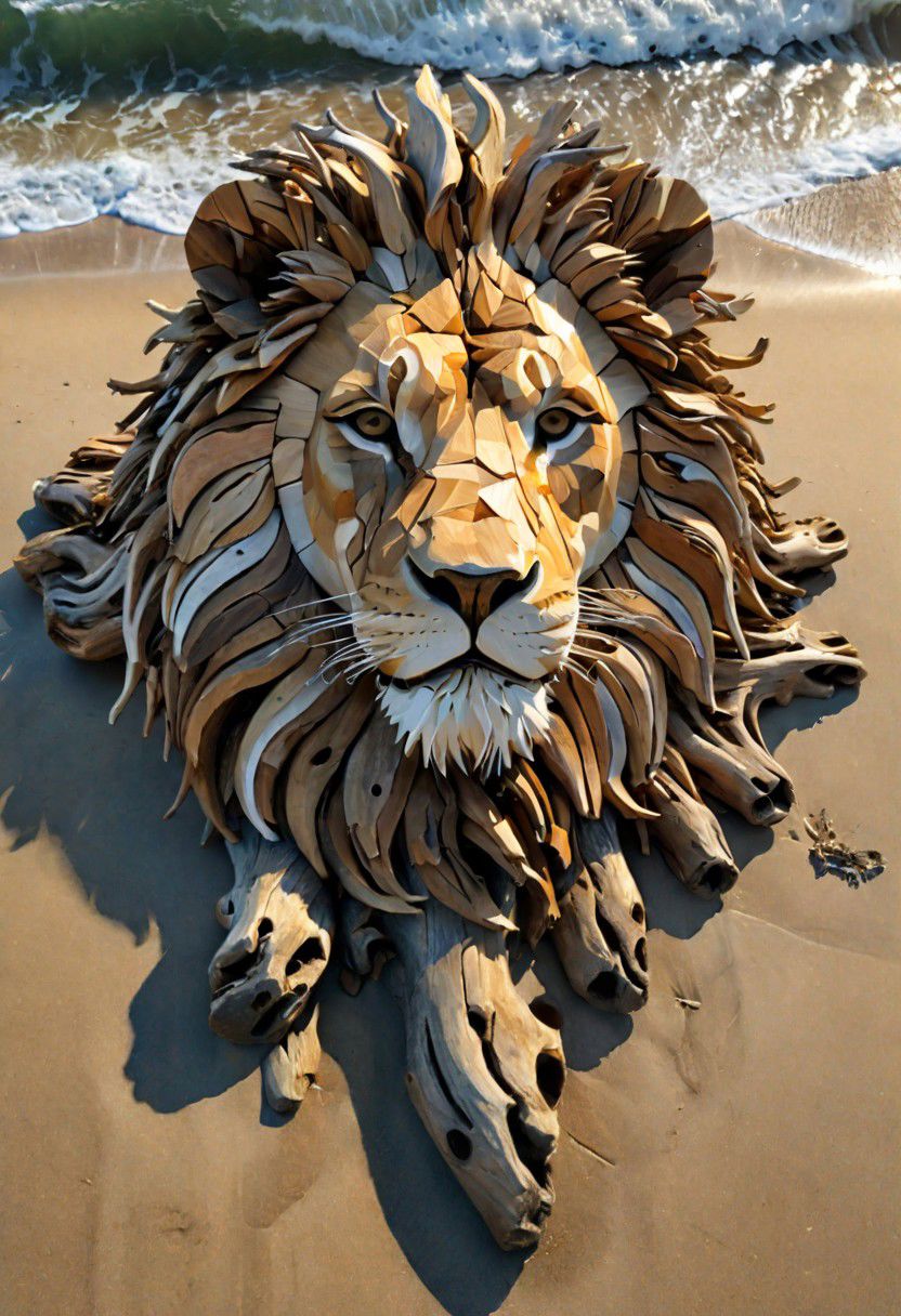 (drift wood washes up on the shore, all the tiny parts of drift wood form together to create a perfect  shape of a male lion lying on the shore), abstract, 3d render, strong, insanely intricate details, (masterpiece), breathtaking natures art work