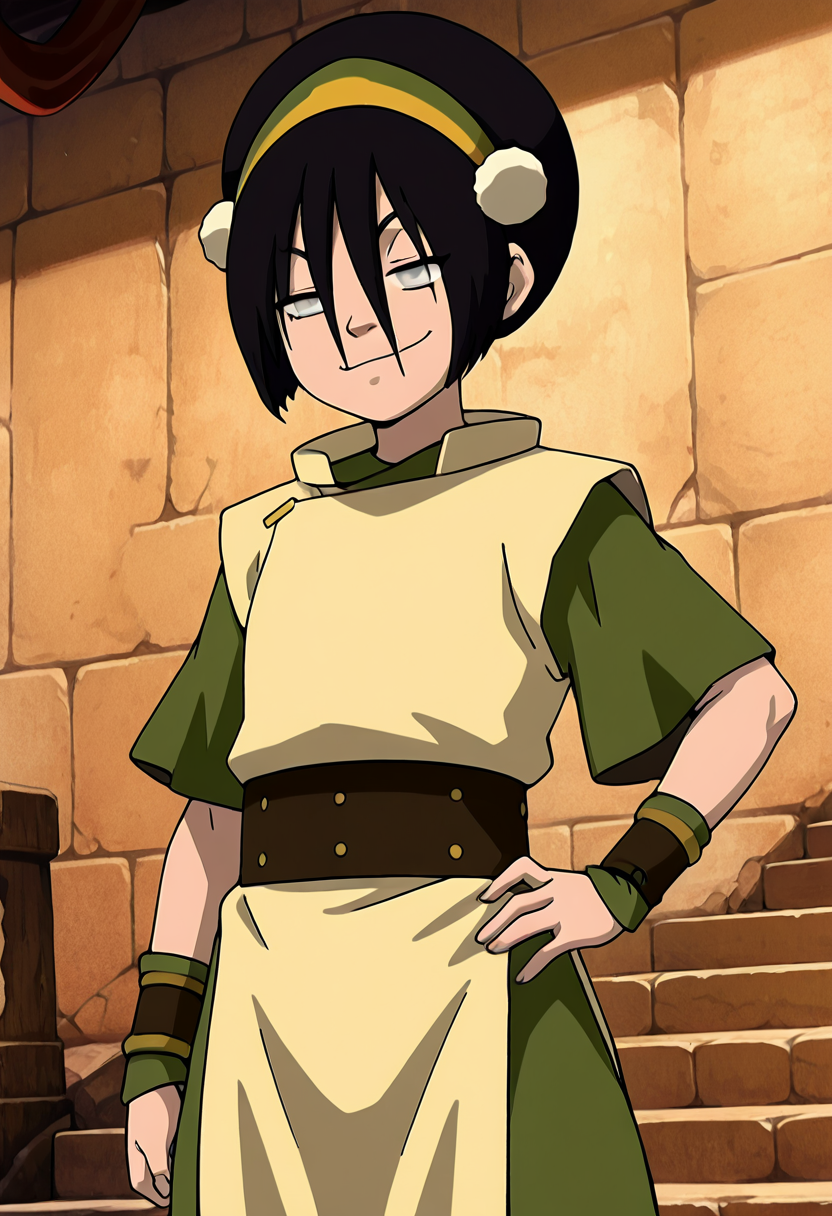 masterpiece, best quality, 1girl, solo,   zzToph, grey eyes, blind, hair between eyes, short hair, black hair,    yellow hairband, wristband, chinese clothes,   smile, hand on hip, smug,  , <lora:TophAvatar_IXL:1.0>,