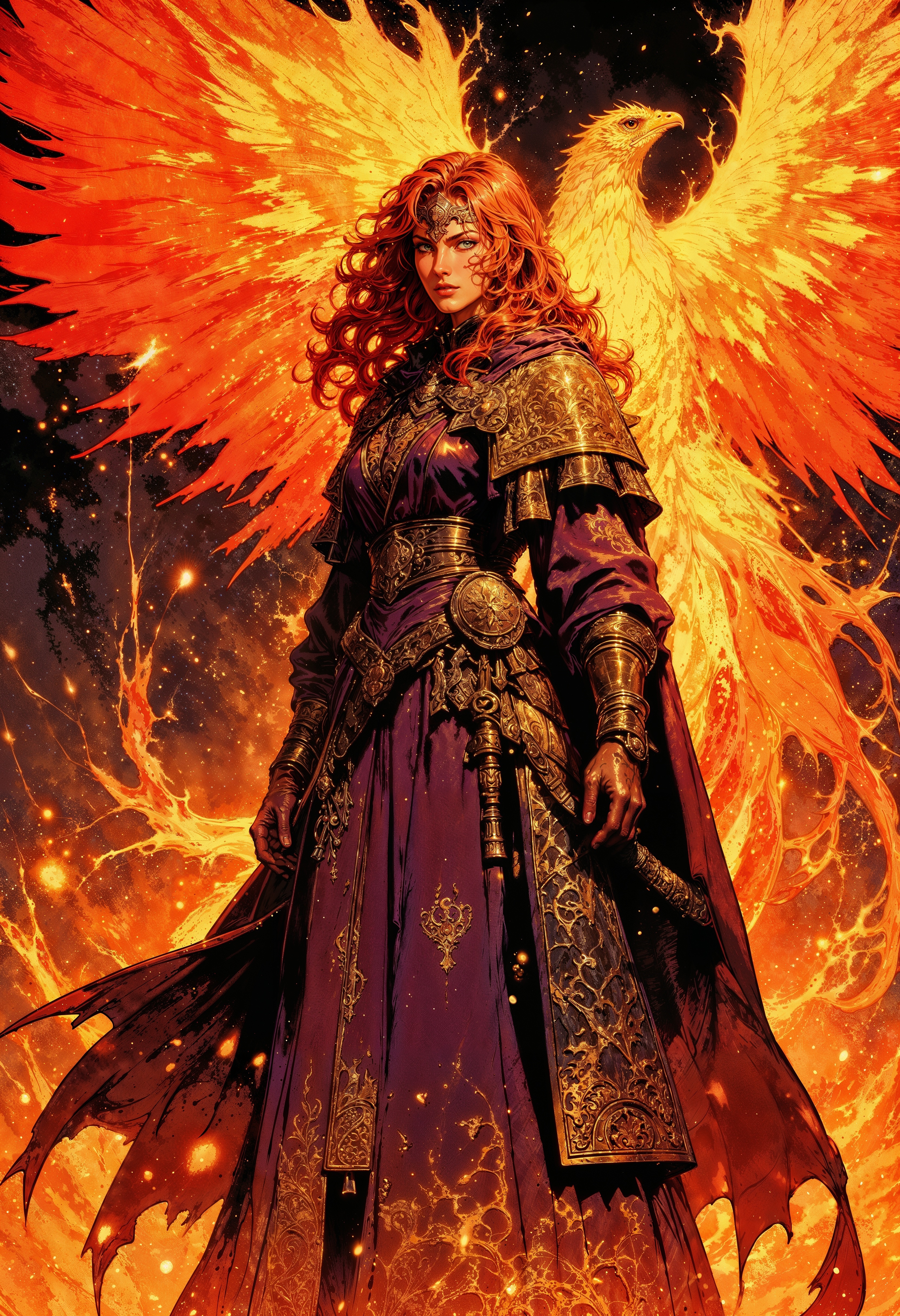 Clad in robes of flickering flame and adorned with golden runes, the Emberheart Sorceress is a walking inferno of power and passion. Her fiery red hair crackles like a living blaze, and her molten gold eyes burn with the intensity of an eternal fire. At her side soars a magnificent phoenix, its feathers ablaze with hues of crimson, orange, and gold. With each beat of its wings, embers rain down, igniting the air with sparks of magic. Together, they embody rebirth and destruction, their presence heralding either salvation or ruin, depending on the hearts of those who stand before them. <lora:RetroAnimeFluxV1:0.6> <lora:Comic book V2:0.6> <lora:FluxMythG0thicL1nes:0.6>  <lora:Elden_Ring_-_Yoshitaka_Amano:0.6>