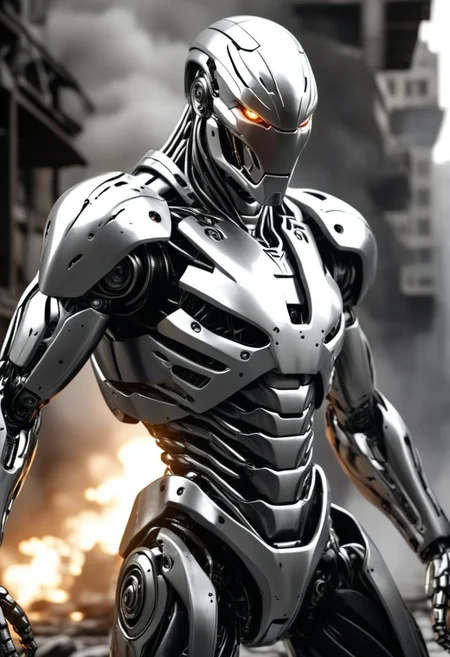 An epic war robot or battle cyborg with a towering, muscular body, covered in sleek dark silver metal armor featuring smooth curves and fluid lines, seamlessly blending power and agility. The armor is predominantly black and white, creating a striking contrast and a sharp, futuristic appearance, with illuminated sections that glow in the dark. The robot’s exoskeleton body combines muscular elements with streamlined shapes, while its predator-like alien face has glowing eyes and a built-in laser telescope in the right eye. Nanotech-shaped spiral hair flows from its head, also illuminated with a faint glow. It is locked in a fierce, aggressive face-to-face confrontation with another war robot of equal size, also in a black and white color scheme, their menacing glares locked as they prepare to engage. The first robot’s machine guns are poised, with fiery bursts of gunfire ready to erupt. The background is a chaotic futuristic city in ruins, filled with explosions, collapsing skyscrapers, and scattered battle debris. Dynamic lighting highlights the contrasting colors and the raw power of both robots. High detail, cinematic, analogue colors, high resolution, capturing the moment of intense, close combat in a thrilling movie-like scene