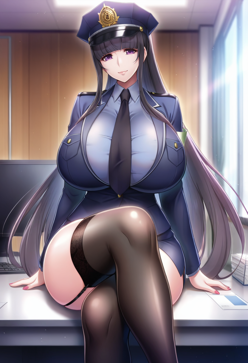masterpiece, best quality, amazing quality,tomoe tajika, purple eyes, black hair, mature female, long hair,blunt bangs, ponytail, 1girl, breasts, solo,huge breasts,police uniform,black thighhighs, garter straps, police hat,closed mouth, light smile, sitting, crossed legs, looking at viewer, blurry background, indoors, office  <lora:tomoe tajikaV1:0.9>