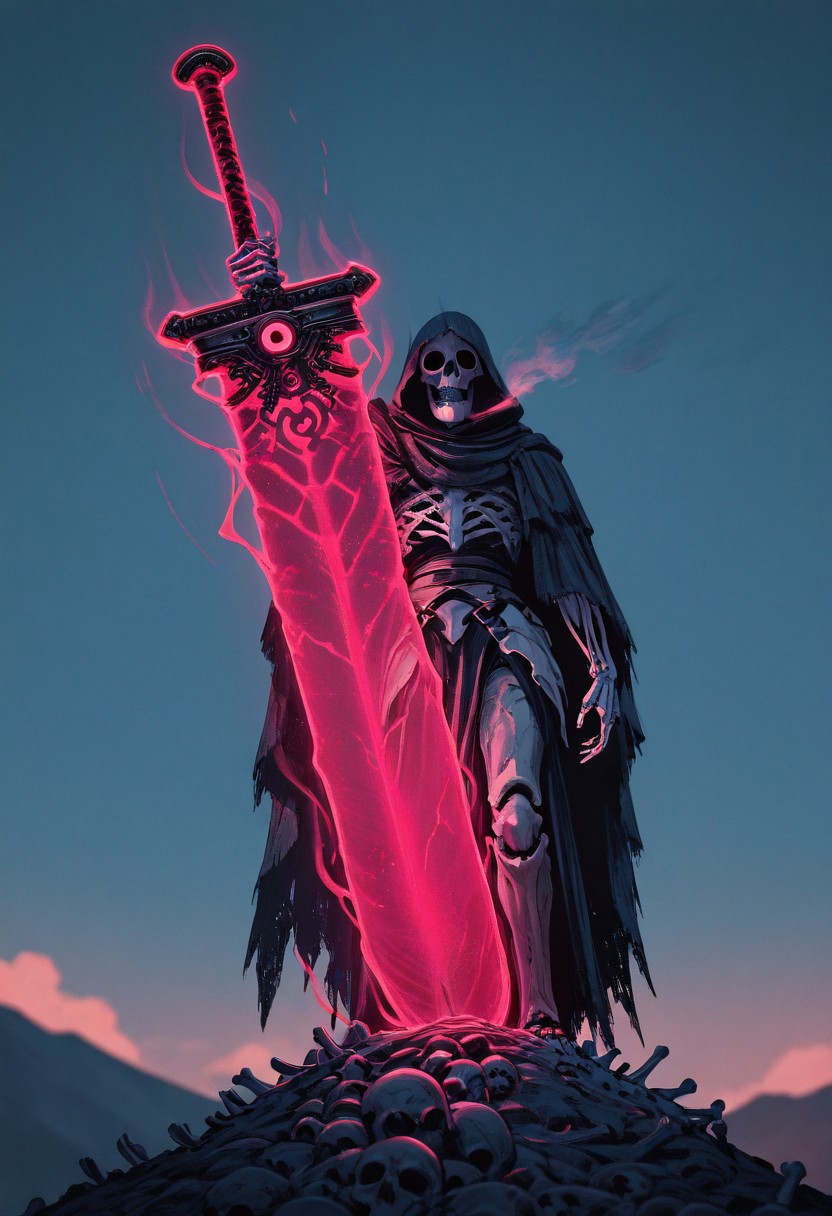 Monochrome with color spots, cinematic close-up, masterpiece, best quality, ultra high quality, intricate detail, hyperrealistic textures, highres, medieval dark fantasy style, skeletal warrior with a colossal bone greatsword, intricately carved with ancient runes, motion lines for immense force, tattered flowing cloak billowing in the wind, weathered bone armor with cracks and scars, standing atop a mound of skulls, hollow eyes glowing faintly with ghostly light, ominous blue sky with wispy, translucent clouds, birds circling in the distance, dynamic pose, bone sword crackling with necrotic energy, white and pastel red color grading, subtle sketch texture, cinematic lighting, hatching for depth, battle-worn appearance, tension-filled air, volumetric lighting, dramatic atmosphere, film grain, depth of field, ultra-sharp details, 8k resolution, ArtStation trending, award-winning composition.