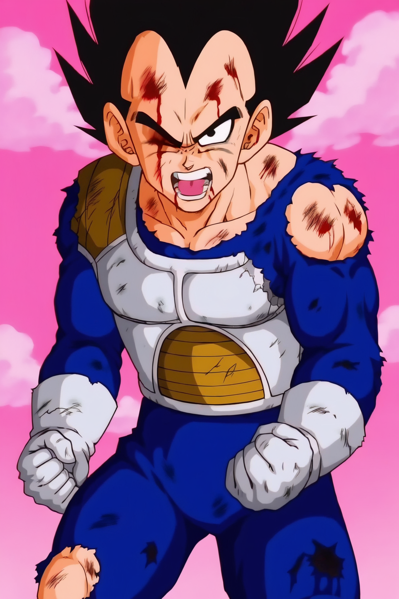 source_anime, score_9, score_8_up, score_7_up, anime screencap,8k, absurd res,
vegeta, solo, open mouth, black hair, gloves, 1boy, male focus, one eye closed, sky, teeth, white gloves, black eyes, torn clothes, blood, muscular, spiked hair, injury, dirty, bruise, bruised eye, blood from mouth, torn bodysuit, saiyan armor, v-shaped eyebrows, looking at viewer, clenched hand, blue bodysuit, damaged armor
 <lora:vegeta_pony_v1:0.8>