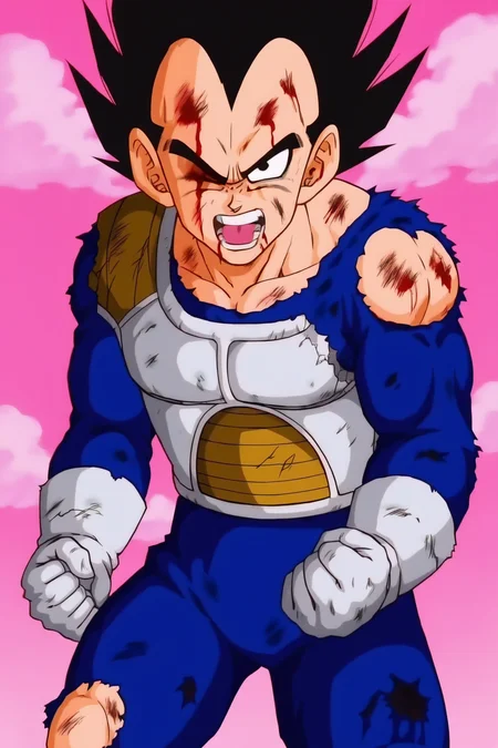 source_anime, score_9, score_8_up, score_7_up, anime screencap,8k, absurd res,
vegeta, solo, open mouth, black hair, gloves, 1boy, male focus, one eye closed, sky, teeth, white gloves, black eyes, torn clothes, blood, muscular, spiked hair, injury, dirty, bruise, bruised eye, blood from mouth, torn bodysuit, saiyan armor, v-shaped eyebrows, looking at viewer, clenched hand, blue bodysuit, damaged armor
<lora:vegeta_pony_v1:0.8>