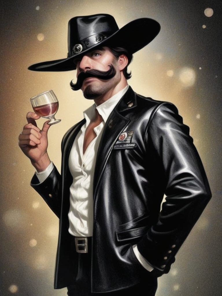 photo 1 uptight proud gunslinger older man, beard, moustache, frowning, looking at viewer, brown black leather jacket rugged clothing and cowboy hat, leather cartridge belt, tea in battered mug, standing, belt buckle,  curly,  sideview, bar coffee shop, western movie parody,  bpe-pro