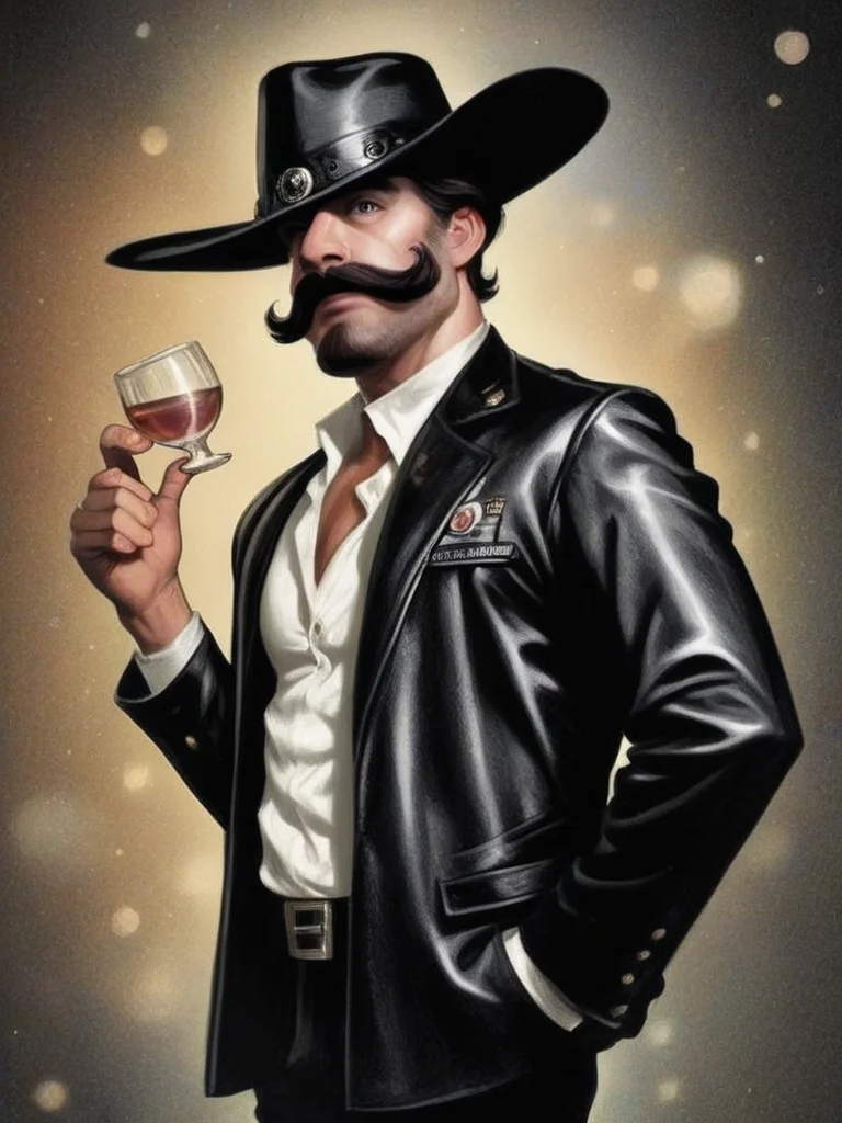 photo 1 uptight proud gunslinger older man, beard, moustache, frowning, looking at viewer, brown black leather jacket rugged clothing and cowboy hat, leather cartridge belt, tea in battered mug, standing, belt buckle, curly, sideview, bar coffee shop, western movie parody, bpe-pro