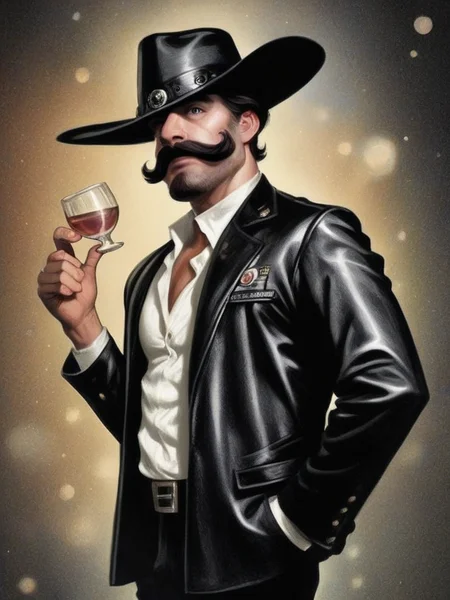 photo 1 uptight proud gunslinger older man, beard, moustache, frowning, looking at viewer, brown black leather jacket rugged clothing and cowboy hat, leather cartridge belt, tea in battered mug, standing, belt buckle, curly, sideview, bar coffee shop, western movie parody, bpe-pro