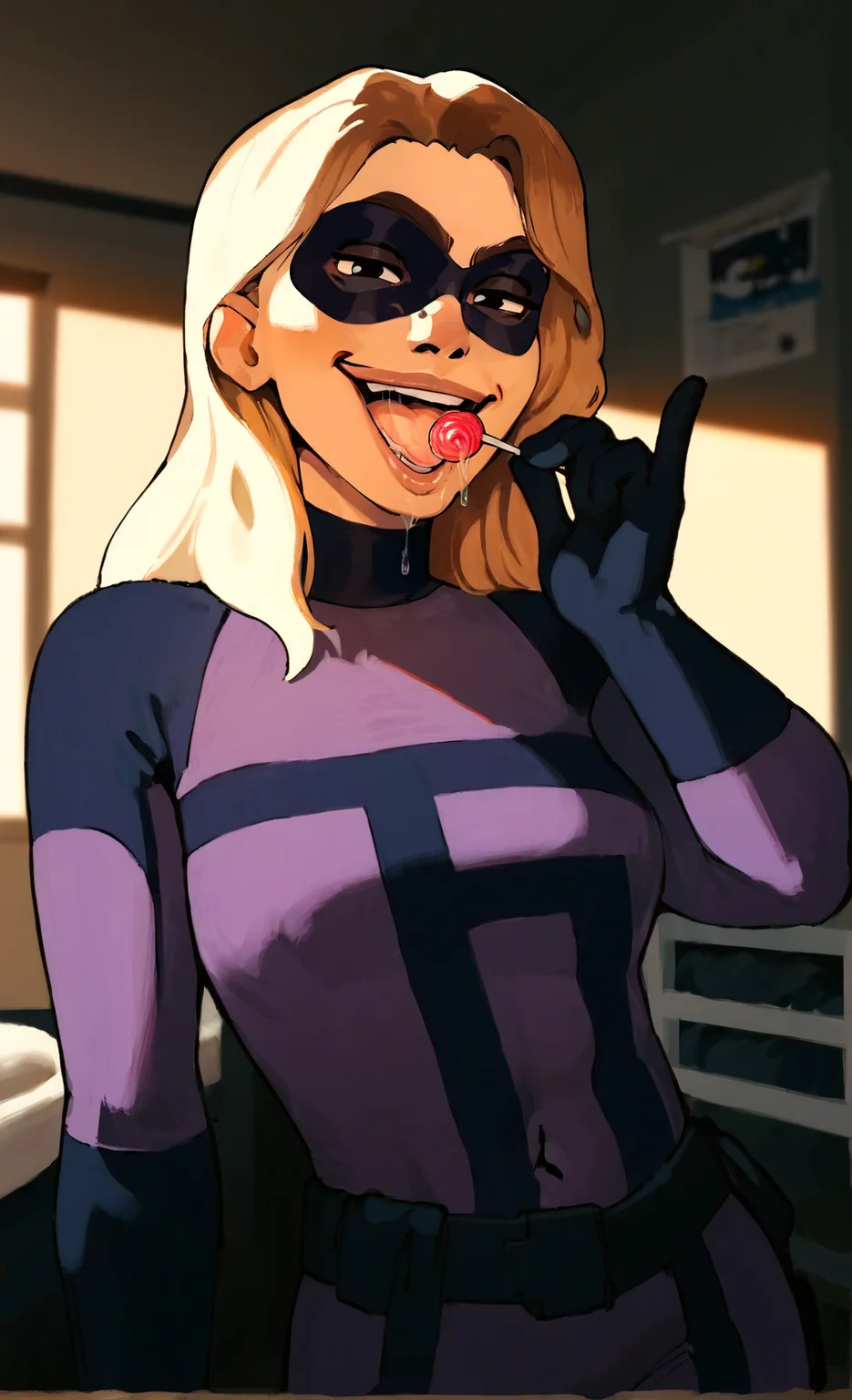 score_9, score_8_up, score_7_up, score_6_up, score_5_up, score_4_up, BREAK
<lora:Tattletale_Lisa_Wilbourn-000019:1> tattletale, blonde hair, domino mask, bodysuit, smirk, skin tight, covered navel, inside warehouse, (licking lollipop:1.2), open mouth, hand up