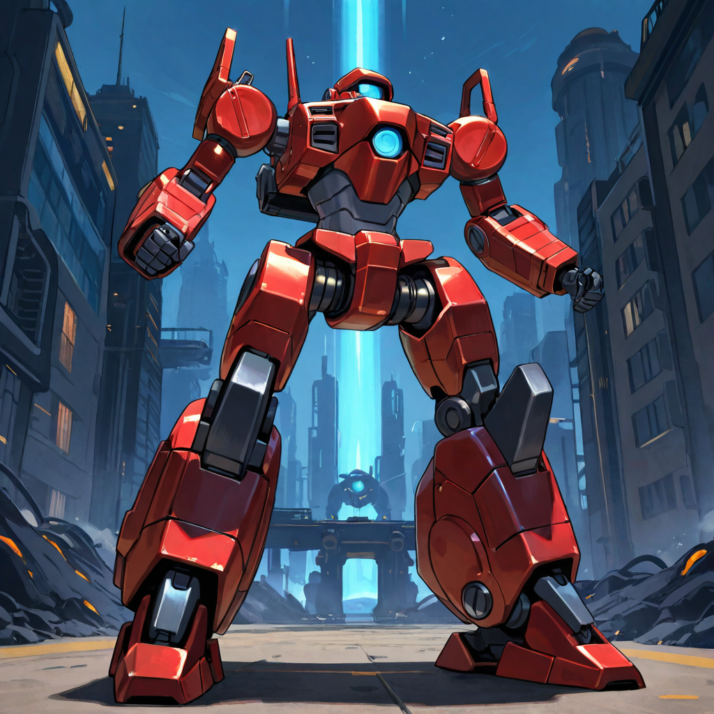 , a robot mech, <lora:ck-70s-scifi-IL:.1>,  sci-fi, a retro Gold  ( Gravity-Manipulated Freight Haulers .5 ) mech with Ruby metal trim  , illustration ,, masterpiece, best quality, high quality, detailed, absurdres