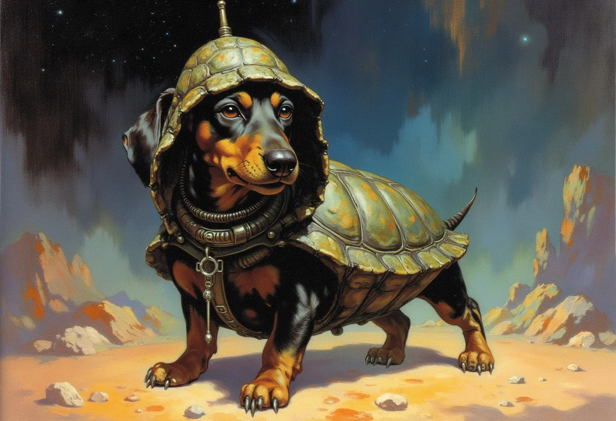 Frank Frazetta sci-fi oil  painting of just a happy Dachshund wearing a long turtle shell, a classic gothic baroque fantasy art painting with vibrant colors, digital artwork, illustrative, matte painting, highly detailed, highly dramatic lighting