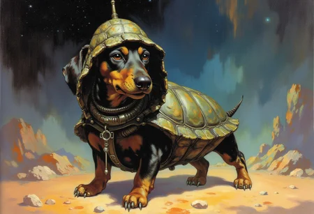 Frank Frazetta sci-fi oil  painting of just a happy Dachshund wearing a long turtle shell, a classic gothic baroque fantasy art painting with vibrant colors, digital artwork, illustrative, matte painting, highly detailed, highly dramatic lighting
