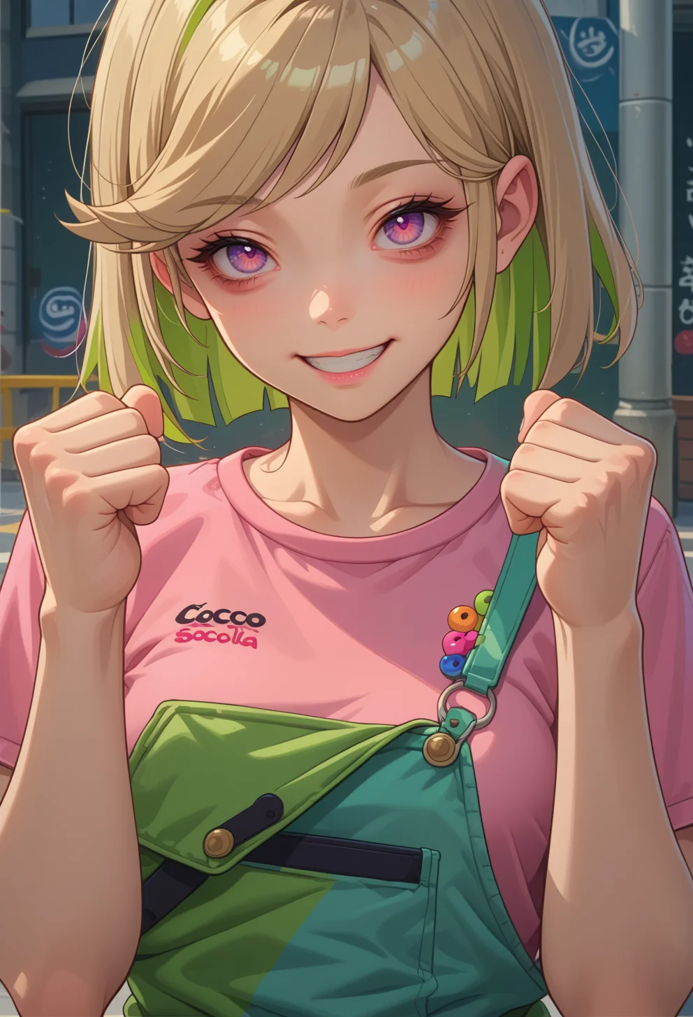 score_9, score_7_up, source_anime, BREAK solo, <lora:AECoco:0.7> AECoco, pink eyes, purple eyes, multicolored hair, blonde hair, green hair, swept bangs, bags under eyes, happy, smile, hands up, clenched hand, casual,