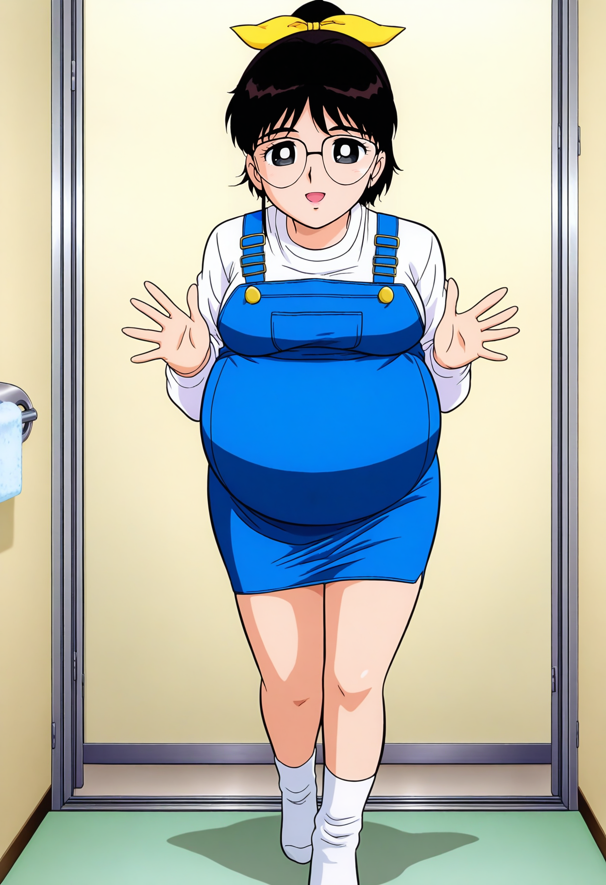 best hands, 5 fingers <lora:Preg Female Teacher_IL1.4:0.8>, anime screencap, seductive pose
Preg Female Teacher, shinozaki-rei style, 1girl, black eyes, solo, large breasts, ponytail, glasses, Hair Ribbon, pregnant, 
blue overalls miniskirt, white socks, 
BREAK indoors, Dressing room, washroom, shadow, undressing,