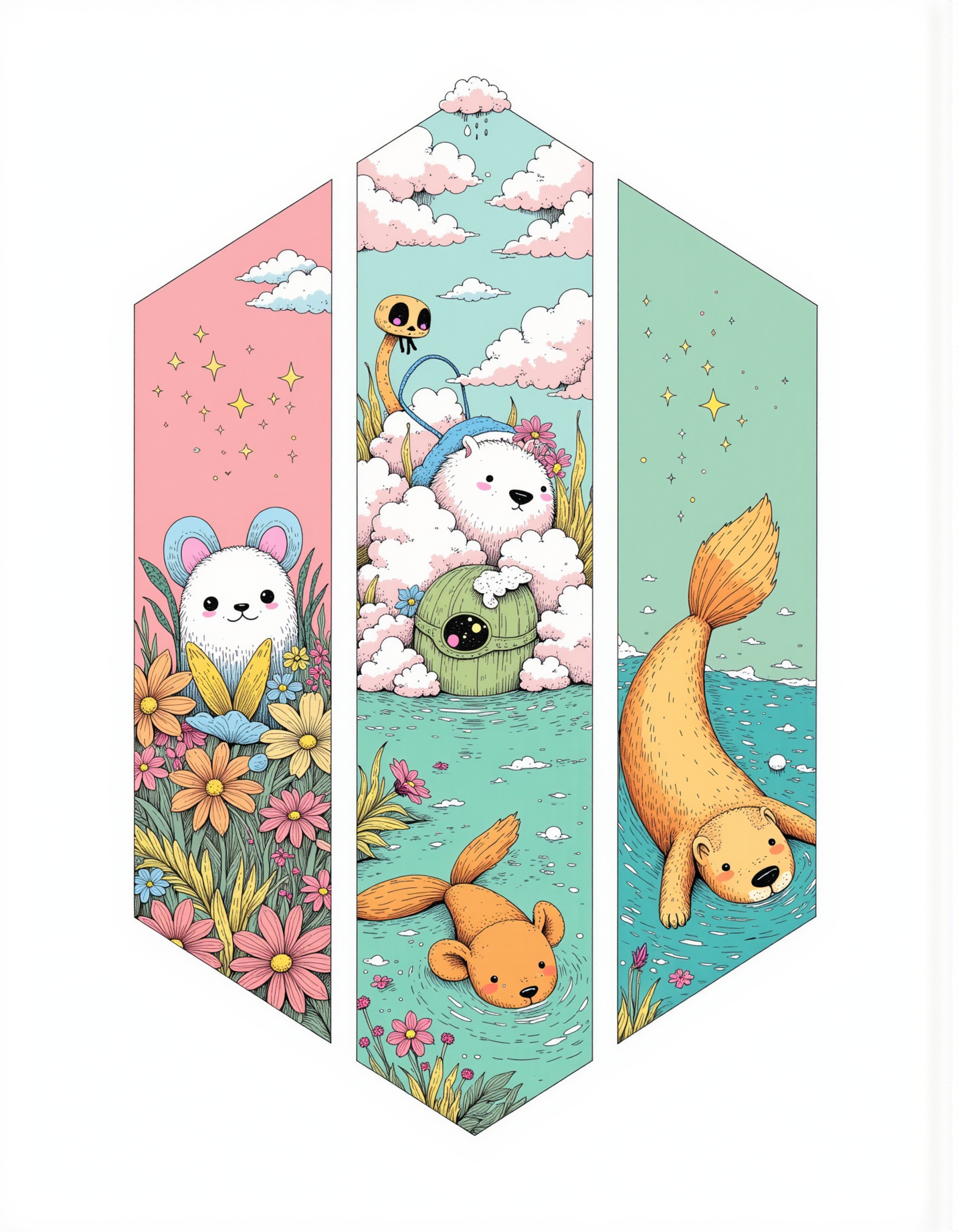 A triptych graphic illustration split into three equal geometric-shaped panels. Geometric asymmetrical division of a three-part artwork that fluidly showcases three unique fictitious creatures: a fluffy cloud sprite, a tiny forest guardian, and a playful sea otter. The cloud sprite panel features an adorable creature made of soft, white fluff with pastel blue accents, floating among whimsical clouds. The forest guardian panel features a small, chubby creature with oversized ears, a green leafy body, and sparkling amber eyes, surrounded by vibrant flora. The playful sea otter panel features a charming otter with a shiny, golden-brown coat and bright, curious eyes, floating on its back in crystal-clear water with a playful turquoise theme. An overall whimsical, neo-seventies story arc with muted colors represents each creature's lore and identity.
<lora:Glitchcore_Flux:0.4> gl1tchc0re <lora:Darkcore:0.4> darkcore <lora:Poisoncore Flux:0.4> poisoncore <lora:creepcute-000001:0.5> cr33p  <lora:Dieselcore:0.3> d1eselc0re