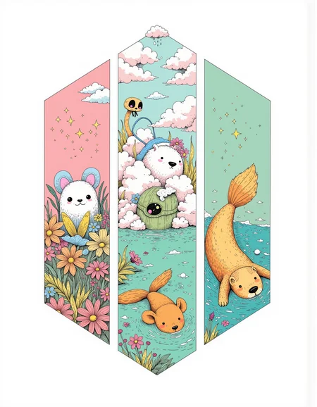 A triptych graphic illustration split into three equal geometric-shaped panels. Geometric asymmetrical division of a three-part artwork that fluidly showcases three unique fictitious creatures: a fluffy cloud sprite, a tiny forest guardian, and a playful sea otter. The cloud sprite panel features an adorable creature made of soft, white fluff with pastel blue accents, floating among whimsical clouds. The forest guardian panel features a small, chubby creature with oversized ears, a green leafy body, and sparkling amber eyes, surrounded by vibrant flora. The playful sea otter panel features a charming otter with a shiny, golden-brown coat and bright, curious eyes, floating on its back in crystal-clear water with a playful turquoise theme. An overall whimsical, neo-seventies story arc with muted colors represents each creature's lore and identity.
<lora:Glitchcore_Flux:0.4> gl1tchc0re <lora:Darkcore:0.4> darkcore <lora:Poisoncore Flux:0.4> poisoncore <lora:creepcute-000001:0.5> cr33p <lora:Dieselcore:0.3> d1eselc0re