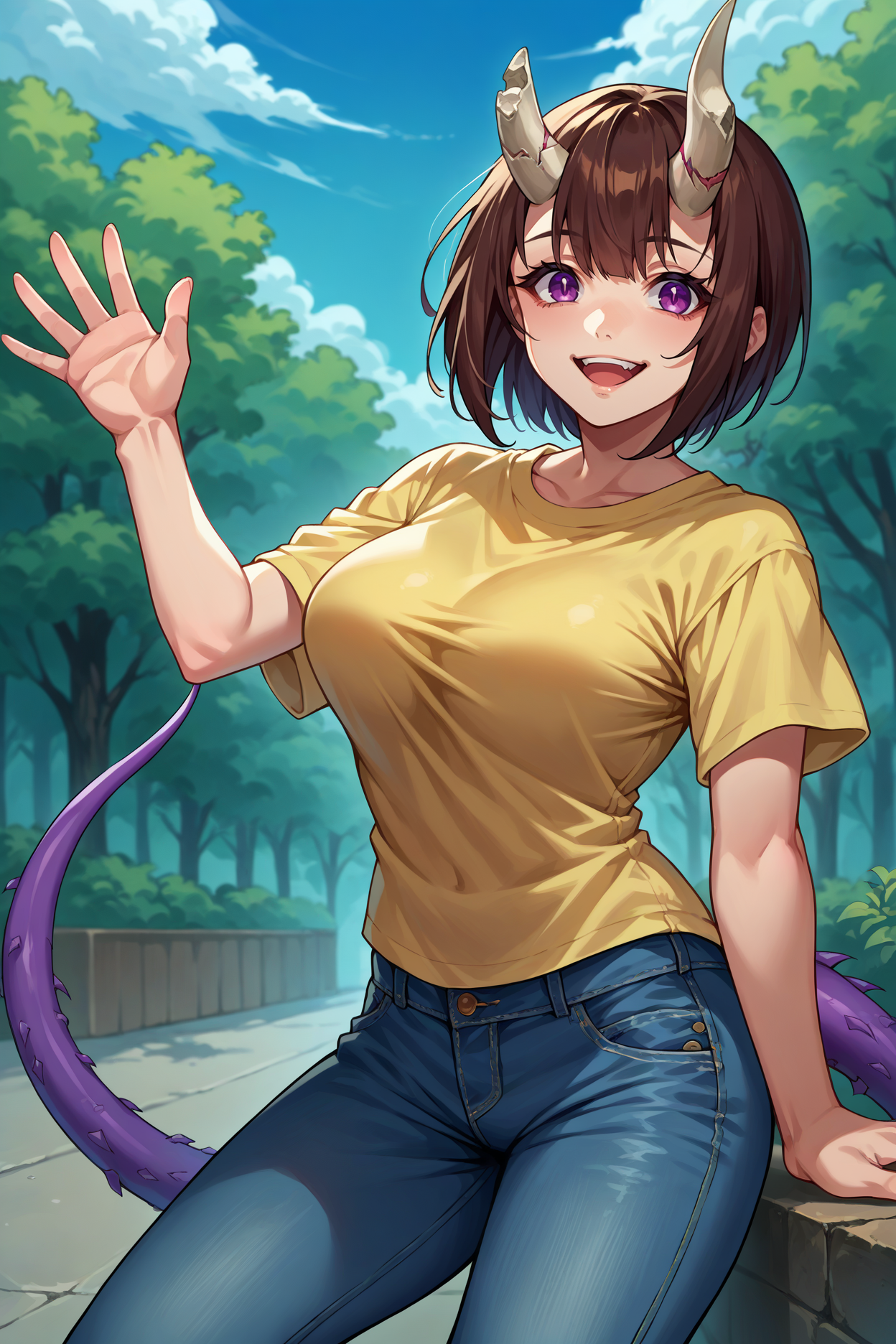 score_9, score_8_up, score_7_up, score_6_up, source_anime, 1girl, solo  <lora:eriko-pdxl-nvwls-v1-000005:1> defEko, brown hair, short hair, bob cut, broken horn, demon horns, purple eyes, large breasts, yellow t-shirt, jeans, looking at you, waving, happy, blue sky, purple tail, spiked tail
