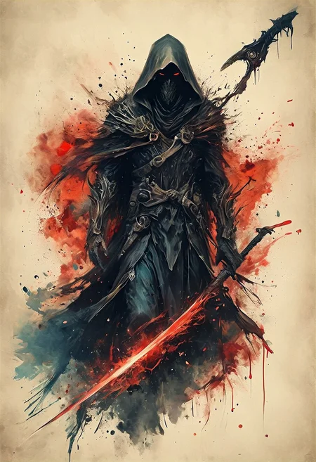 atmospheric scene, a dark hooded figure wearing a tattered cloak, armor can be glimpsed under cloak, (gripping a long ominous scythe with hand:1.5), The Hood obscures the face completely, evil red eyes glowing like fire within the hooded void, predominantly black and white with red, shades of gray adding depth and texture, The background is abstract, filled with wisps of shadows and splatters of ink, gusts of divine wind swirl around in faint shades of blue, mystery and foreboding that surrounds the figure. (The scythe though dark glows brightly), deadly sharpness, Niji, aidma-niji, ral-dissolve, (ink-style, ink_wash_painting),