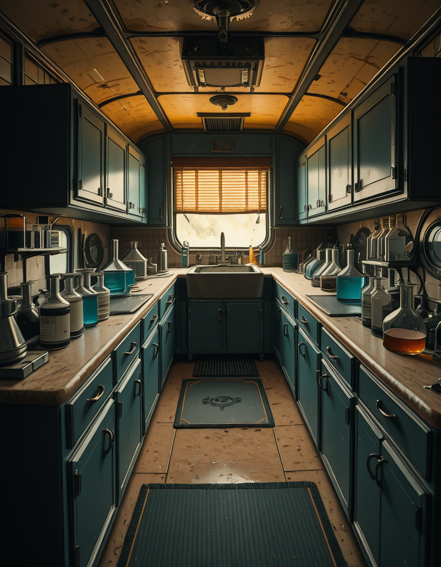 The interior of an old RV converted into a clandestine drug laboratory, inspired by the TV series Breaking Bad. The space is cramped and messy, filled with scientific equipment, glass beakers, flasks, burners, chemical containers, and lab tools scattered around. The walls are aged and stained, with peeling wallpaper and old metallic cabinets. A small sink area is cluttered with dirty lab glassware. The lighting is dim and tinted yellow, with sunlight barely filtering through dusty blinds. The floor is grimy, with a mix of rubber mats and worn carpet. The overall atmosphere is tense and gritty, capturing a sense of secrecy and danger. Hyper-realistic style, cinematic composition, rich in textures and shadows.
<lora:SDXLFaeTastic2400:0.4> <lora:extremely_detailed:0.4> extremely detailed,old RV drug l4b0r4t0ry, <lora:old_RV_drug_l4b0r4t0ry-i:1>, Masterpiece,best quality,hi res,8k,hi res,8k,award winning,(sharp focus, intricate, highly detailed),