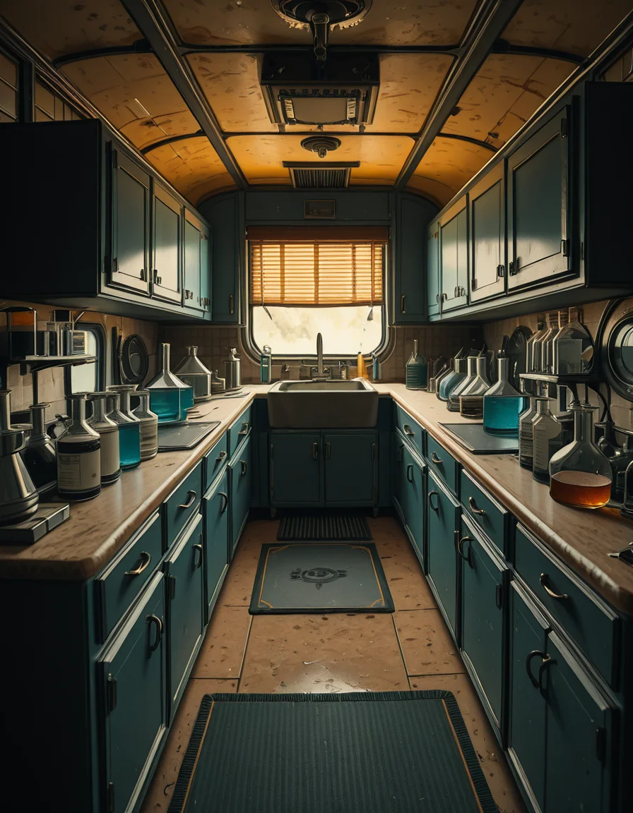 The interior of an old RV converted into a clandestine drug laboratory, inspired by the TV series Breaking Bad. The space is cramped and messy, filled with scientific equipment, glass beakers, flasks, burners, chemical containers, and lab tools scattered around. The walls are aged and stained, with peeling wallpaper and old metallic cabinets. A small sink area is cluttered with dirty lab glassware. The lighting is dim and tinted yellow, with sunlight barely filtering through dusty blinds. The floor is grimy, with a mix of rubber mats and worn carpet. The overall atmosphere is tense and gritty, capturing a sense of secrecy and danger. Hyper-realistic style, cinematic composition, rich in textures and shadows.
<lora:SDXLFaeTastic2400:0.4> <lora:extremely_detailed:0.4> extremely detailed,old RV drug l4b0r4t0ry, <lora:old_RV_drug_l4b0r4t0ry-i:1>, Masterpiece,best quality,hi res,8k,hi res,8k,award winning,(sharp focus, intricate, highly detailed),