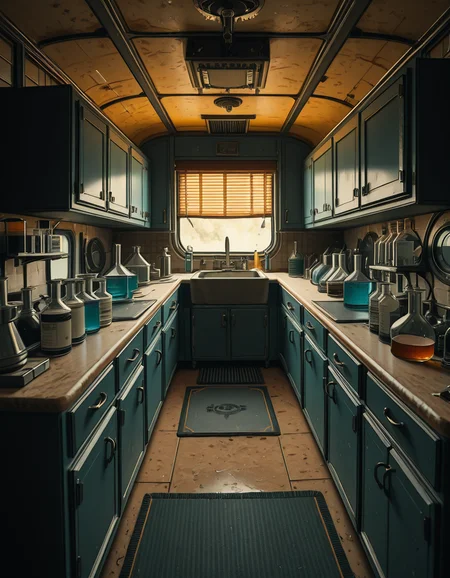 The interior of an old RV converted into a clandestine drug laboratory, inspired by the TV series Breaking Bad. The space is cramped and messy, filled with scientific equipment, glass beakers, flasks, burners, chemical containers, and lab tools scattered around. The walls are aged and stained, with peeling wallpaper and old metallic cabinets. A small sink area is cluttered with dirty lab glassware. The lighting is dim and tinted yellow, with sunlight barely filtering through dusty blinds. The floor is grimy, with a mix of rubber mats and worn carpet. The overall atmosphere is tense and gritty, capturing a sense of secrecy and danger. Hyper-realistic style, cinematic composition, rich in textures and shadows.
<lora:SDXLFaeTastic2400:0.4> <lora:extremely_detailed:0.4> extremely detailed,old RV drug l4b0r4t0ry, <lora:old_RV_drug_l4b0r4t0ry-i:1>, Masterpiece,best quality,hi res,8k,hi res,8k,award winning,(sharp focus, intricate, highly detailed),