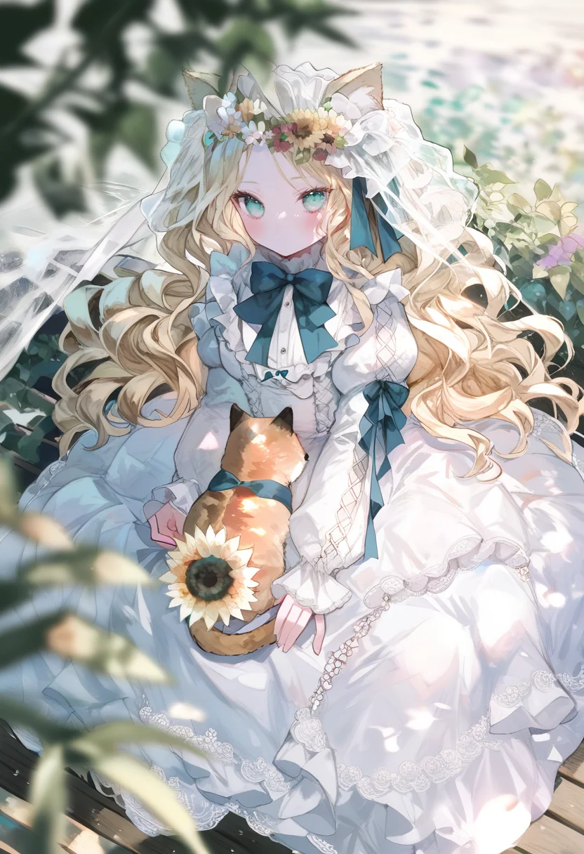 score_9, score_8_up, score_7_up, score_6_up, <lora:oninekoXL_TPN55_lokr_V43P1:0.95> 1girl, flower, cat, dress, solo, long hair, white dress, sitting, bow, long sleeves, looking at viewer, animal ears, blonde hair, frills, blue eyes, blue bow, animal, puffy sleeves, cat ears, veil, blush, bowtie, ribbon, closed mouth, blurry, white flower, outdoors, on lap, hair ornament, head wreath, very long hair, sunflower, hair flower, wavy hair, aqua eyes