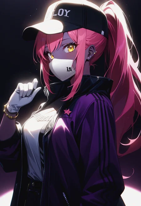 1girl,solo,long hair,looking at viewer,gloves,hat,holding,jewelry,jacket,yellow eyes,ponytail,pink hair,purple hair,white gloves,bracelet,official alternate costume,mask,baseball cap,mouth mask,idol,<lora:anime enhancer V3 xl:1>,volumetric,light,shadow,deep shadow,extremely detailed,colored skin,(dark purple skin),tattoo,