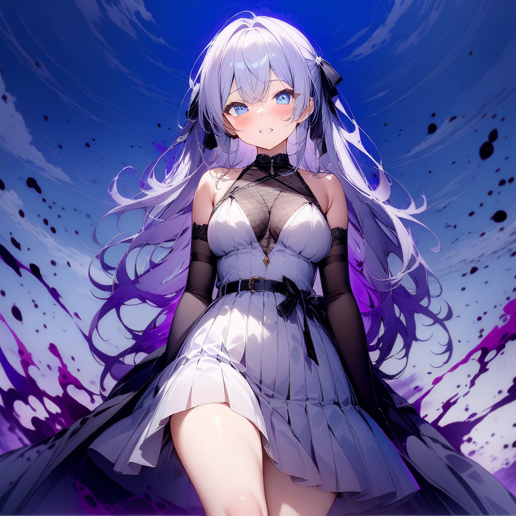score_9,score_8_up,score_7_up,score_6_up,score_5_up,score_4_up,Ultra detailed,masterpiece,very aesthetic,
1girl,solo,<lora:corrupting v21:1.5>,white dress,dark aura,blue sky,