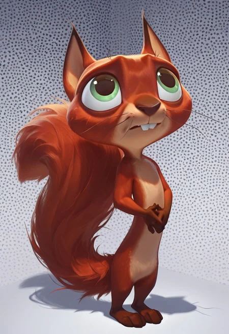 masterpiece, absurdres, amazing quality, photorealistic, ultra-detailed, solo, male focus, from above, high-angle view, chibi, furry male, 1boy, chip_superpet, red fur, green eyes, crooked whiskers, chipped tooth, buck teeth, fluffy tail, slim, body fur, brown hands, brown feet, naked, no penis, cute, full body, standing, looking up, shy, nervous, timid, own hands together, leaning back, pigeon-toed, tail wrap,
BREAK
psychedelic background, patterned background, g0thic, neon, shadow, detailed shading, WaiIL25PosC