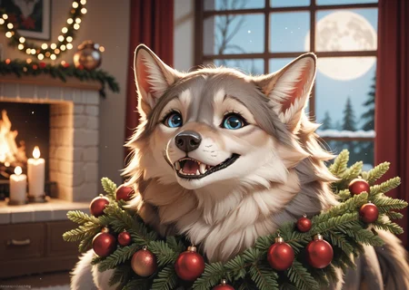 score_9, score_8_up, score_7_up, score_6_up, score_5_up, score_4_up, detailed, realistic, illustration, 8k, wolf howling at a full moon with a christmas wreath around its neck (cute furry feral:1.2), source_furry <lora:Animal_Christmas:0.8> animal christmas