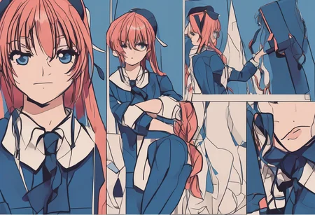 The first girl has vibrant red hair styled in loose waves, giving her a lively and energetic appearance. She wears a traditional Japanese school uniform with a navy blue pleated skirt, a white blouse, and a red ribbon tied neatly at the collar.
The second girl has long blue hair, styled with a side braid and a unique hair loop. Her hair features light blue streaks in the bangs and an inner layer of light blue at the back, adding depth and vibrancy. Her school uniform mirrors the design of the first girl's but incorporates light blue accents that perfectly complement her hair.