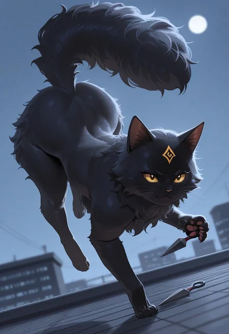high_quality, highres, detailed, masterpiece, best quality, absurdres, cute black fluffy cat, grabbing kunai in paw, dynamic pose, moonlit rooftop, intense eyes