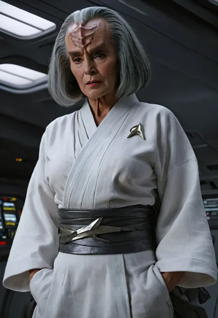 old Klingon female, flashing her breasts and nipples, grey hair, 8k, high resolution, cinematic scene, on a spaceship, white cotton kimono style uniform, kimono open clothes in the front exposing her breasts, very detailed face, detailed eyes, matching eyeballs++, detailed irises, dark lighting, dark hair, (mouth closed).