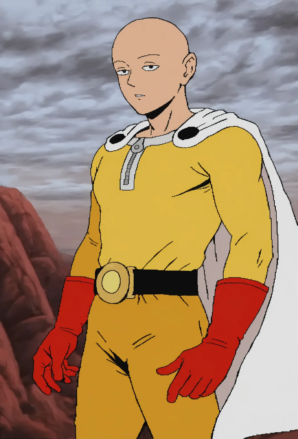 <lora:cdi-style_vpred-noobaiv10_:1> best quality, masterpiece, cdi style, flat colors, saitama \(one-punch man\), 1boy, bald, belt, black belt, bodysuit, cape, closed mouth, cloud, cloudy sky, gloves, male focus, outdoors, red gloves, sky, solo, standing, superhero costume, white cape, yellow bodysuit, parted lips, looking at viewer,, (masterpiece, best quality, highres, absurd res, newest),âââ