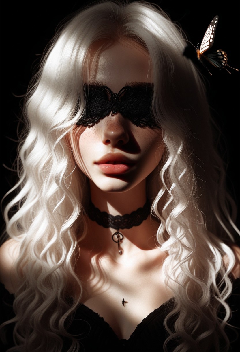 score_9, score_8_up, score_7_up, BREAK, 1girl, white hair, long hair, bug, butterfly, choker, lips, wavy hair, butterfly on face, facing viewer, covered eyes, upper body, dark theme, freckles, sunlight creates contrast with the dark theme, adding depth to her realistic features, pvdlle