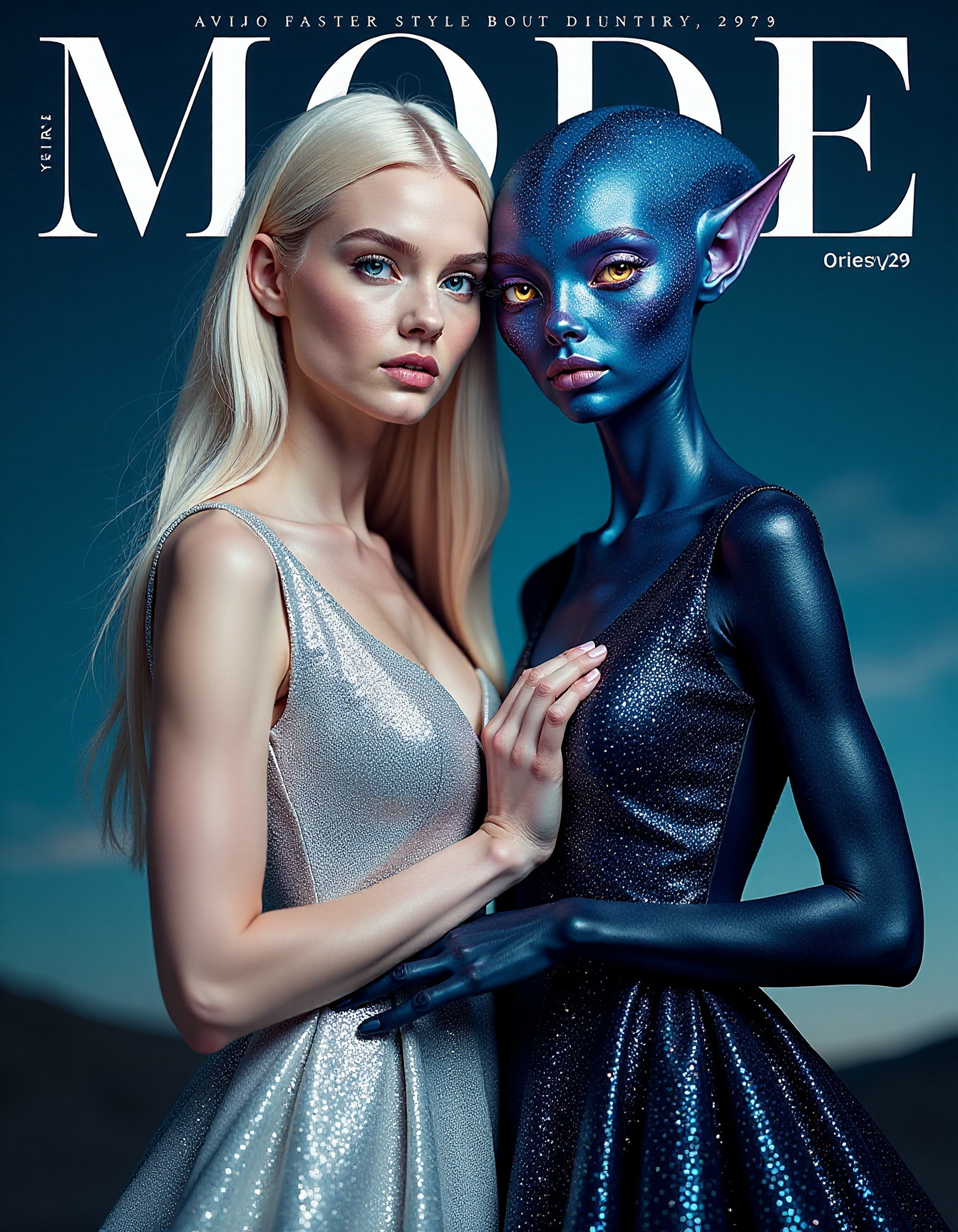 Mode Fashion Magazine Cover 29 â Starlit Glamour
Human Model Name: Lena March
Alien Model Name: Rivana (Starry-Eyed Alien)
Photographer: Orion Vale
Camera Specs: Leica Q2, 28mm f/1.7 lens, starlight reflections and soft shadows.
Photo Description:
Lena March, a human model with long, platinum-blonde hair and striking blue eyes, stands beside Rivana, a humanoid alien whose skin sparkles like the night sky. Rivanaâs skin is deep indigo, dotted with glowing star-like freckles, and her eyes are twin galaxies, swirling with cosmic energy. Lenaâs dress is made of shimmering silver fabric that mimics the texture of stardust, while Rivanaâs gown is darker, with tiny, glowing lights woven into the fabric to resemble a galaxy in motion.
The two models stand side by side, with Rivanaâs hand lightly resting on Lenaâs arm, their contrasting outfits creating a stunning visual effect. The background is a deep, star-filled sky, with faint nebula clouds swirling behind them.
Mode is displayed in clean white font at the top, with cover lines in deep blue and silver reading:
"Starlit Glamour: Fashion From the Depths of Space"
"Lena & Rivana: Stars and Couture Aligned"
"Galactic Elegance: Where Fashion Meets the Cosmos"
Clean Minimal Fonts
<lora:ImageUpgraderV2:0.3> detailmaximizer,