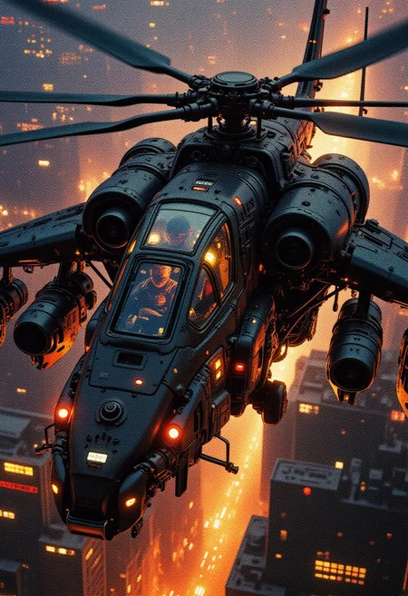 silhouette art, chiascuro, a_skynet_cyberdyne_systems_craft, the image is featuring a futuristic, highly advanced attack helicopter moving rapidly in the air above a cyberpunk city at night. The hull is made of a dark gunmetal alloy with rivets, bolts, glowing LEDs and diodes, and the helicopter has large guns mounted on the exterior; the cockpit shows glowing led lights, and has a large air intake, motion blur on the propellor blades (black with yellow highlights), two-man crew visible through the cockpit window