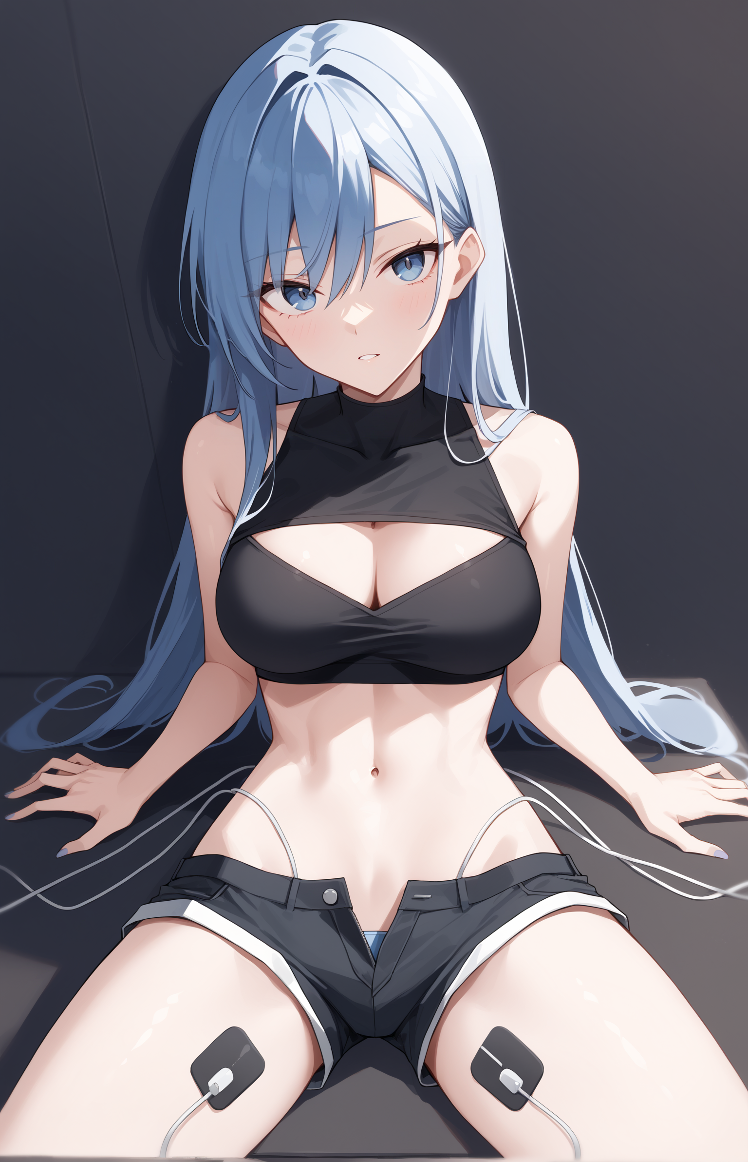 score_9, 1girl, <lora:electrodes:1>, (electrodes), sitting, crop top, shorts, on back