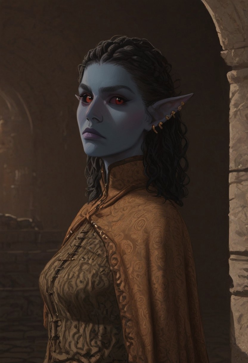 safe_pos, solo, short pointy ears, piercings, nord woman, random elf face, aquiline features, dark elf, weathered skin, large nose, animated realism, zoomed out, Syrian features, torso, brass pipes and gears, intricate architecture, dwarven masonry, dwemer fixtures, white-green light, gloomy lighting, ancient ruins, interior, stone tiled floor, grey-blue skin, mahogany and ivory clothes, medium armor, bone plate armor, ivory straps and fittings, grey wood neckguard, dark red sclera, black pupils, distant mushroom forest, blue-green light, neon, highly detailed, defined features, looking at viewer, three quarters view, from side, dynamic lighting, 36 years old, light and shadows, patterned cloth, annoyed expression, expressive eyes, detailed medieval clothes, medium_breasts, cropped hair, wavy hair, thick hair, beaded hair, braided hair, under cut hair, semirealistic, alien elf, spanish features, jewish features, black hair, dark red hair, umber skin, sharp features, red persian print cloak, nighttime, high detail, absurdres, pretty eyes, detailed eyes, red eyes,