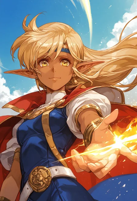 score_9, score_8_up, score_7_up, score_6_up, score_5_up, score_4_up, detailed, intricate details, source_anime, , (best quality) , (highly detailed) ,((masterpiece)), ((best quality)), (ultra-detailed), ((extremely detailed)), (high resolution), 4K, (8K), best quality, (beautiful), (dynamic lighting), (super detailed skin), sharp focus, (1_girl, solo focus), score_9,score_8_up,score_7_up,anime coloring, <lora:Sonia_langrissera
¡_XL:1> Sonia_langrissera
¡, blonde hair, long pointy ears, breasts, elf, 1990s (style), dark-skinned female, dark skin, dark elf, headband, yellow eyes,
standing at attention, earrings, jewelry, red cape, blue dress, short sleeves, elbow gloves, yellow gloves, belt, blue skirt, black socks, boots, floating, dutch angle, light smile, eye focus, closed mouth, looking at viewer, facing viewer, reaching towards viewer, outstretched arms, wind, floating hair, fire, aura, lightning, light particles, light rays, blue sky, cloud, sunlight, lens flare, upper body, detailed face and detailed skin <lora:add-detail-xl:1.0> ,(((feminine bodies))),(((perfect anatomy))), (((correct arms))), (((correct hands)))