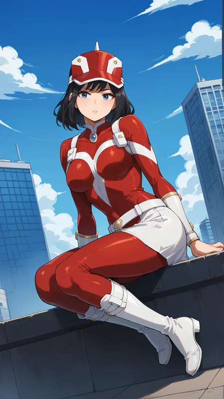 score_9,score_8_up,score_7_up,score_6_up, <lora:xl_more_art-full_v1:0.5>, source_anime, girl, dynamic pose, lying on side, <lora:Yui Kodai (Rule) - Pony-000004:0.8>, black hair, medium hair, blue eyes, red visor cap, red bodysuit, white bodysuit, multicolored bodysuit, white armguards, white skirt, miniskirt, white belt, white boots, skyscraper, rooftop, horizon,