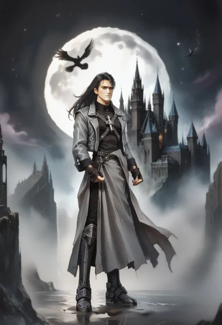 score_9, score_8_up, score_7_up, csdb, castle background, bright moon, hugbaldw, cutoff jacket, body harness with holy cross design, long black hair, charcoal greaves, gray skirt, black shirt, black pants, black fingerless gloves, long legs, slender legs, holding electric guitar
