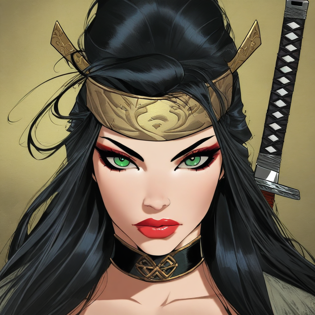 masterpiece, high score, great score, absurdres, SUP3RH3R0 Style, 1girl, solo, weapon, sword, headband, makeup, black hair, green eyes, katana, lipstick, portrait, lips, choker, long hair, looking at viewer, hair ornament, comic art style