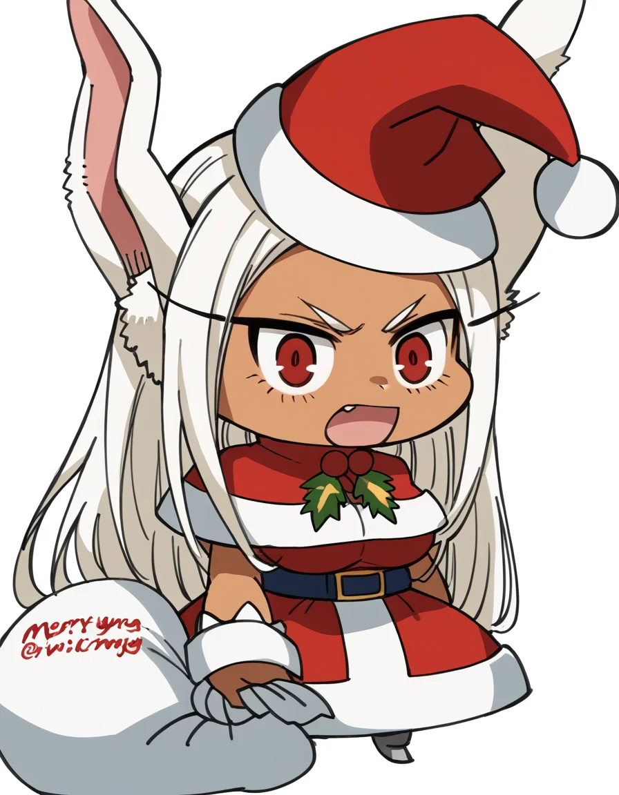 score_9, score_8_up, score_7_up, source_anime, <lora:rumi-usagiyama-ponyxl-lora-nochekaiser:1>, rumi usagiyama, long hair, animal ears, white hair, dark skin, rabbit ears, dark-skinned female, rabbit girl, red eyes, parted bangs, large breasts, <lora:padoru-ponyxl-lora-nochekaiser:1>, padoru, padoru (meme), holding sack, sack, santa hat, meme, christmas, open mouth, chibi, red capelet, santa dress, capelet, fur-trimmed headwear,, ,