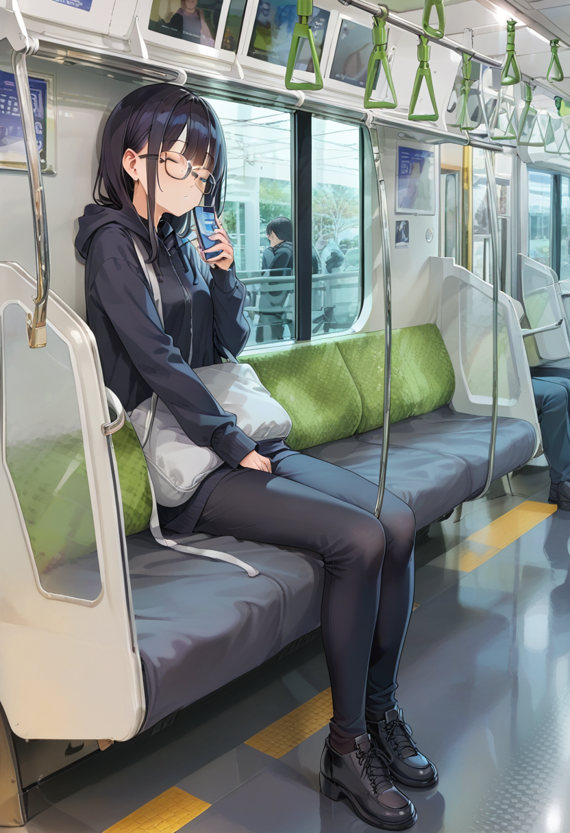 score_9, score_8_up, score_7_up, rating_safe, masterpiece, best quality, absurdres, unity 8k wallpaper, official art, official style, source_anime, game cg, megami magazine,  glasses,
e235, seat, close-up, train interior, sitting, holding, black hair, 1girl, hood, wide shot, multiple girls, scenery, black footwear, bag, jacket, tree, black pants, solo focus, holding phone, sleeping, closed mouth, phone, closed eyes, long sleeves, window, 
<lora:E235_PONY_V1:1>