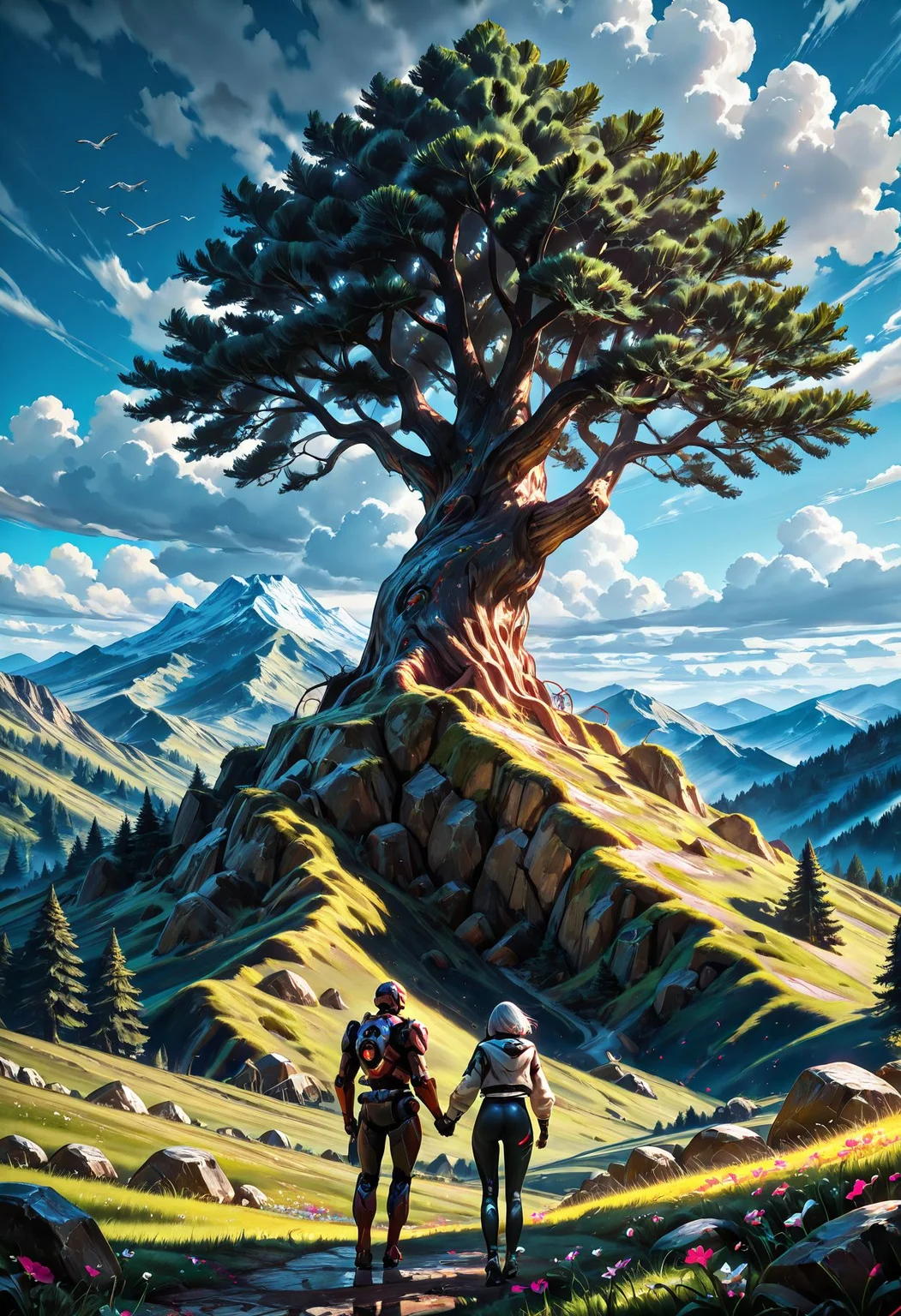 Smooth Quality, science fiction. 1girl and 1robot, holding hands, side-by-side, standing, flower, outdoors, sky, day, cloud, from_behind, blue_sky, tree, bird, grass, cloudy_sky, scenery, nature, science_fiction, rock, mountain, field, mountainous_horizon, hill, moss, pine tree, rust, post-apocalypse