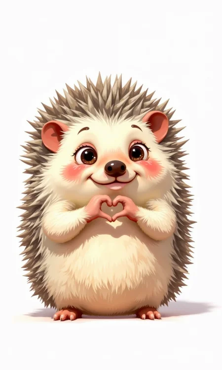 Close-up of a digitally rendered, cartoonish hedgehog.
The hedgehog is small and round, with a soft, fluffy, light beige/cream colored body. Its quills/spines are a light brownish-gray color, and are densely packed. The quills are rendered with varying textures and shades to create a sense of depth and dimension.
The hedgehog's face is expressive, with large, round, dark eyes and a small, gentle-looking nose. Its mouth is in a slight smile. The hands are making a heart shape with their fingers, giving the creature a sweet, or endearing expression.
The background is plain white, which allows the hedgehog to stand out and be the primary focus of the image. The lighting appears soft and bright, highlighting the details of the creature's fur and features. The overall style is very cute and stylized, suggestive of digital illustration or animation.
<lora:FLUX-daubrez-DB4RZ-v2:1> DB4RZ, DB4RZ style painting