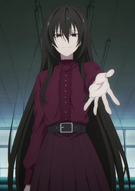 volumetric lighting, official style, amazing quality, ultra detailed, highres, detailed background,anime coloring, (anime screencap) masterpiece, detailed face,1girl <lora:Kirukiru_Amou__:0.9>Kirukiru_Amou, long hair, solo, black hair, skirt, dark brown eyes, very long hair, belt, looking at viewer, smile, shirt, airport background, reaching out to viewer
