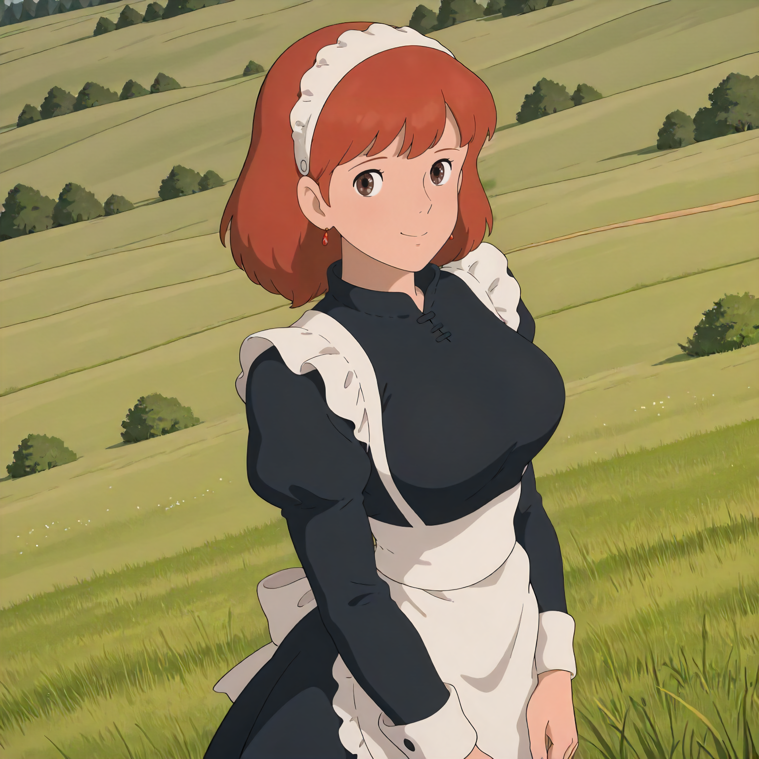 <lora:NotVotW_NausicaaXLIllustrious022>,
masterpiece,best quality,good quality,newest,
outdoors,detailed background,grassland,nature,
smile,
looking at viewer,
solo,
VWNausicaa,1girl,brown hair,medium hair,brown eyes,
breasts,
standing,
maid,black shirt,maid_apron,maid headband,